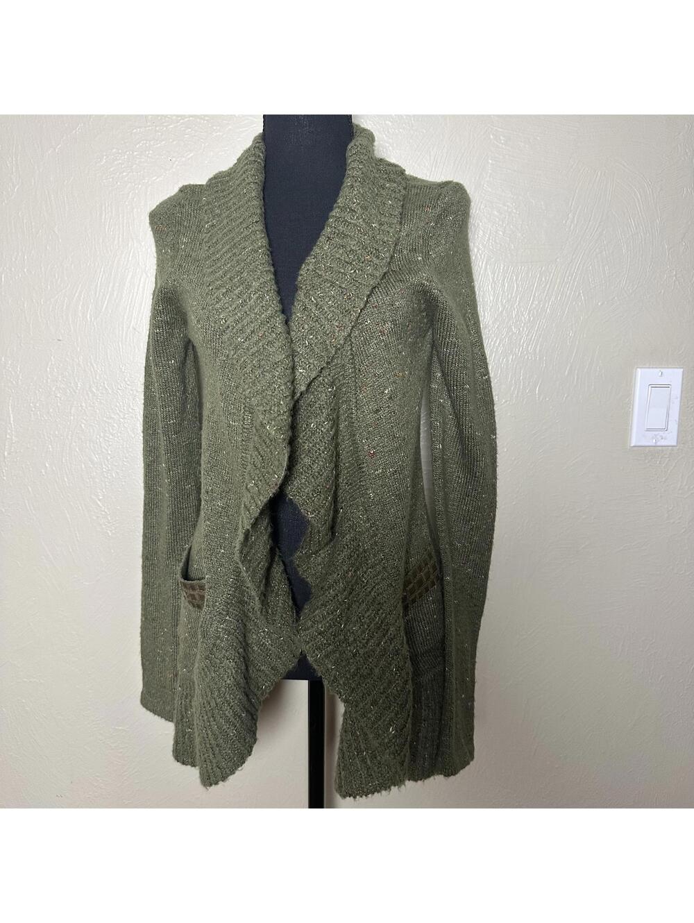 BKE Waterfall Cardigan Speckled Knit Open Front Relaxed Y2K Boho Olive Green